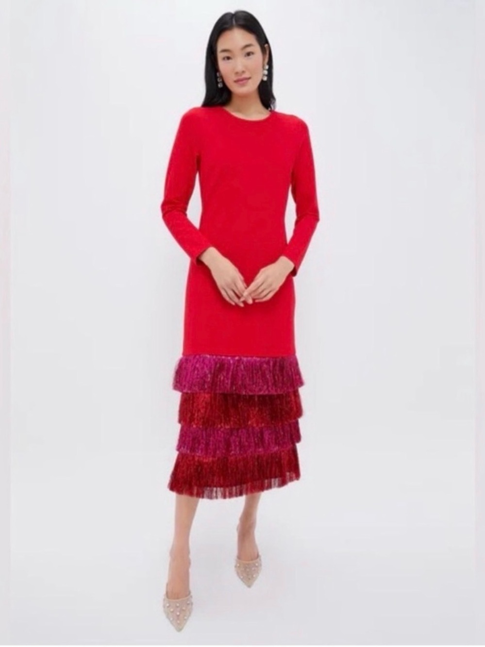 Red Long-Sleeve Fringe Midi Dress